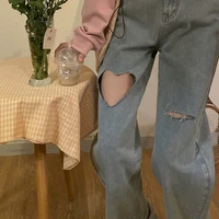 niche design pants women jeans love ripped straight leg autumn vintage high waisted loose wide leg daddy pants hearts shape jean