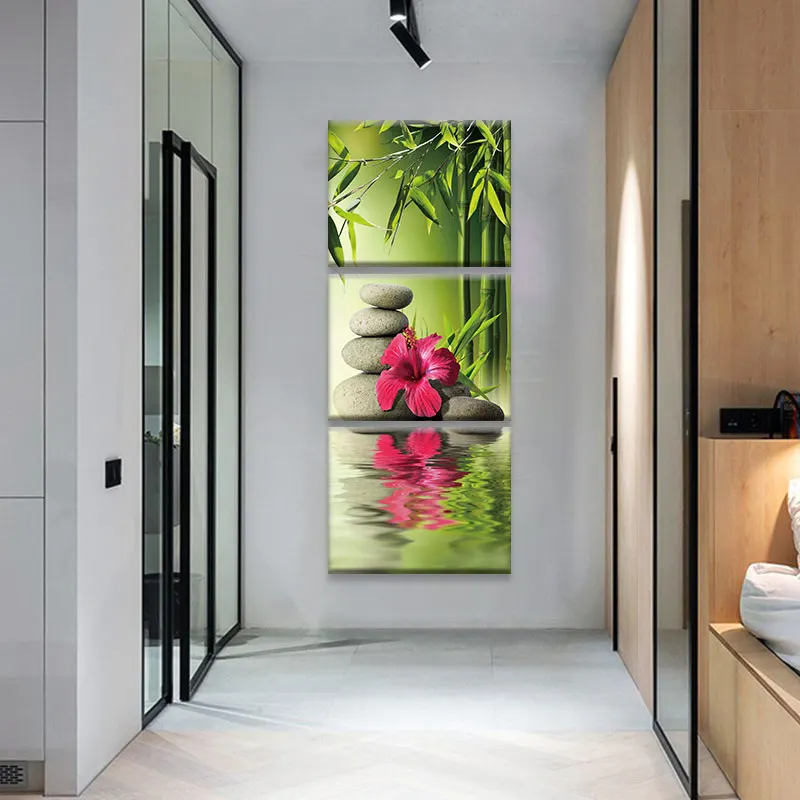 3 шт. зеленые картины Серенити дзен на холсте с рисунком цветов бамбука и камней