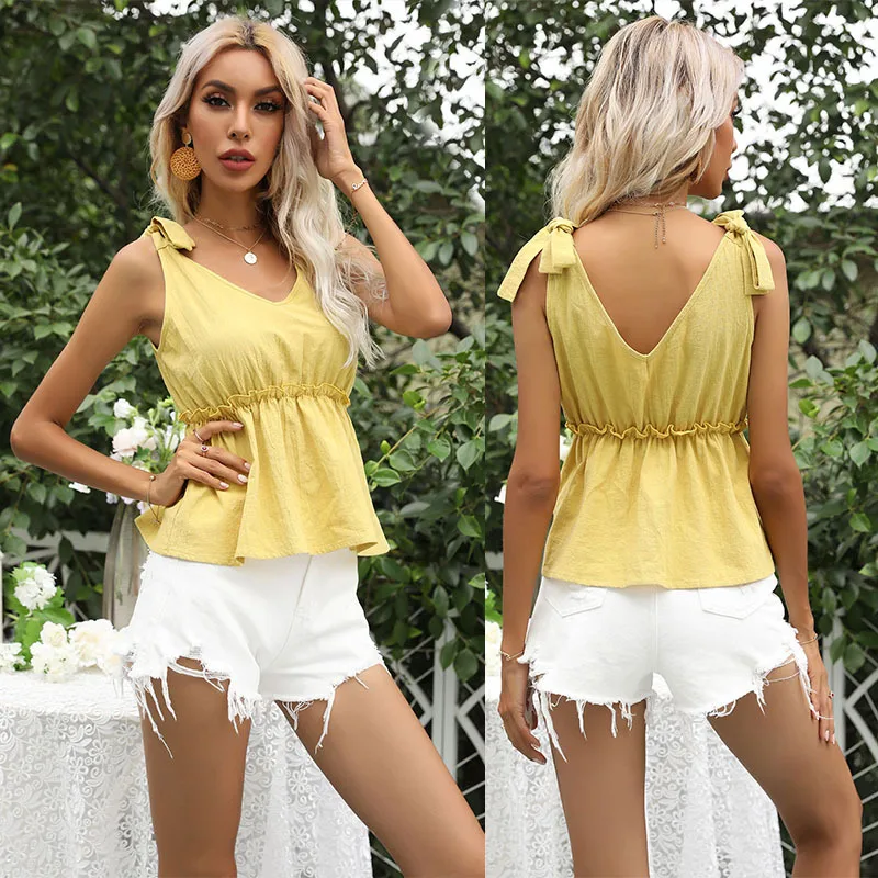 

Summer Camisole Yellow Strap Bowknot Sling Tie Shoulder Solid Tank Top Sexy Tank Elegant V-Neck Ruffled Midi Vest Lady Strap Top