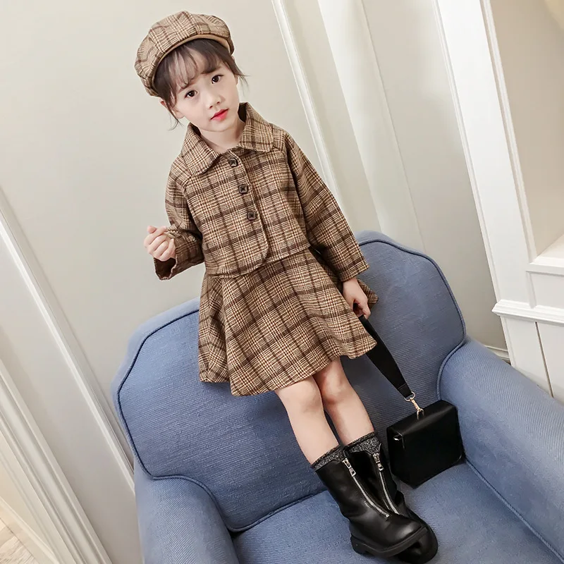 Детский комплект для девочек зимняя куртка одежда малышей клетчатое шерстяное