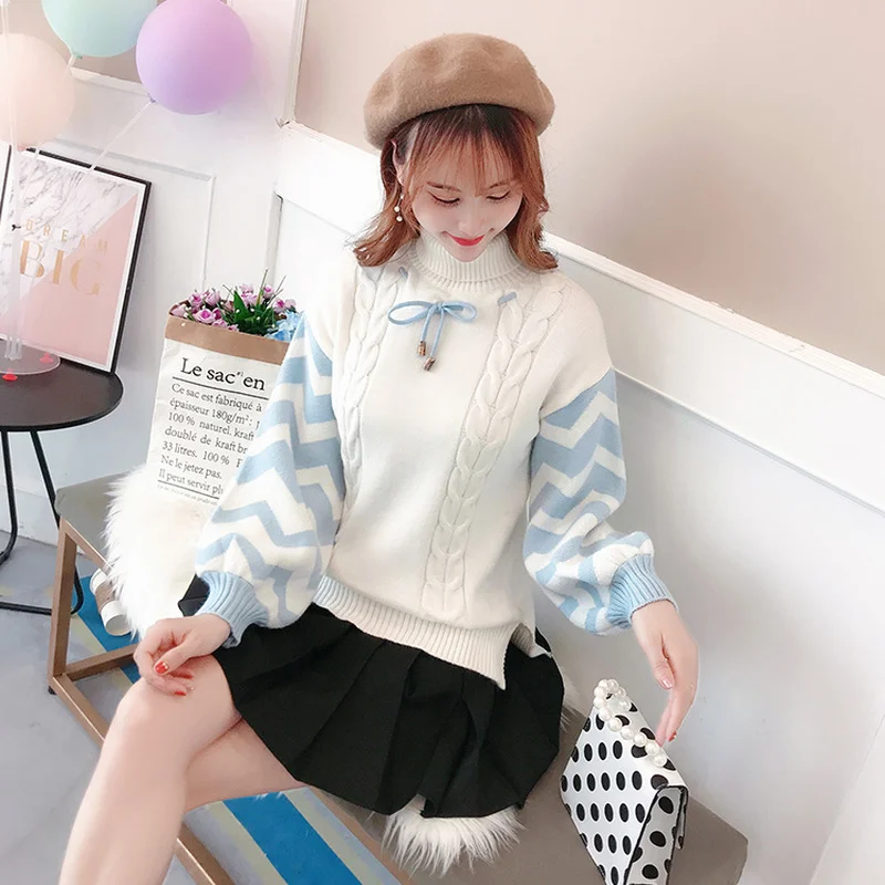 

Women Striped Jacquard Casual Knit Pullover Sweaters 2021 Winter Turtleneck Long Sleeve Korean Fashion Ladeis Soft Jumpers Tops