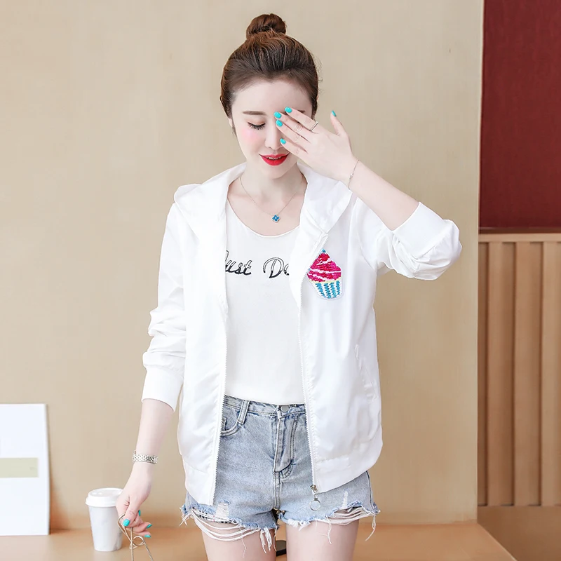 

Summer White Sequins Hooded Thin Baseball Jacket Women Casual Long-sleeve Bomber Tops Breathable Sunscreen Cardigan Loose Coat