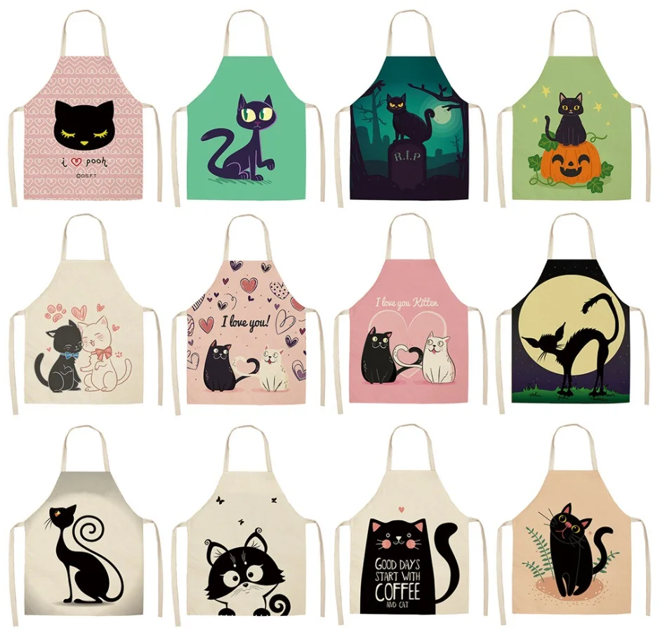 

Black Cute Cat Printed Kitchen Cooking Baking Aprons 53*65cm Sleeveless Cotton Linen For Women Man Home Delantal Cocina 423