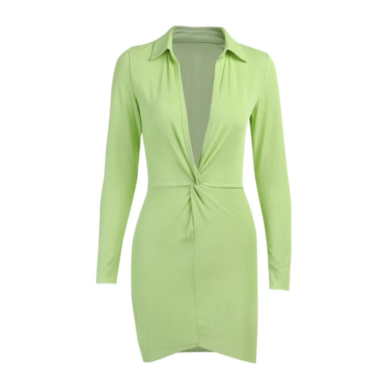 

InstaHot Women Lace Up Casual Bodycon Dress Solid Club Turn-down Collar 2021 Summer Elegant Streetwear Long Sleeve Female Dress