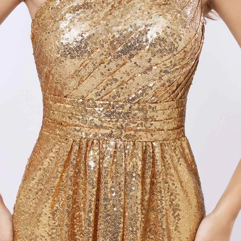 

New Sparkly One Shoulder Sequin Bridesmaid Dresses A Line Maid Of Honor Long Wedding Party Gowns Robe Demoiselle D'Honneur SD421