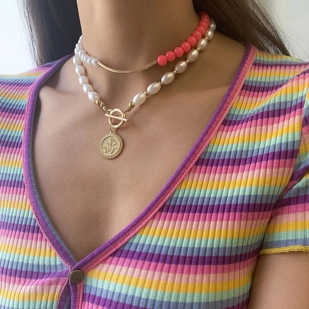 

Vintage Baroque Irregular Pearl Lock Chains Necklace Gold Geometric OT Buckle Coin Pendant Necklaces for Women Punk Jewelry