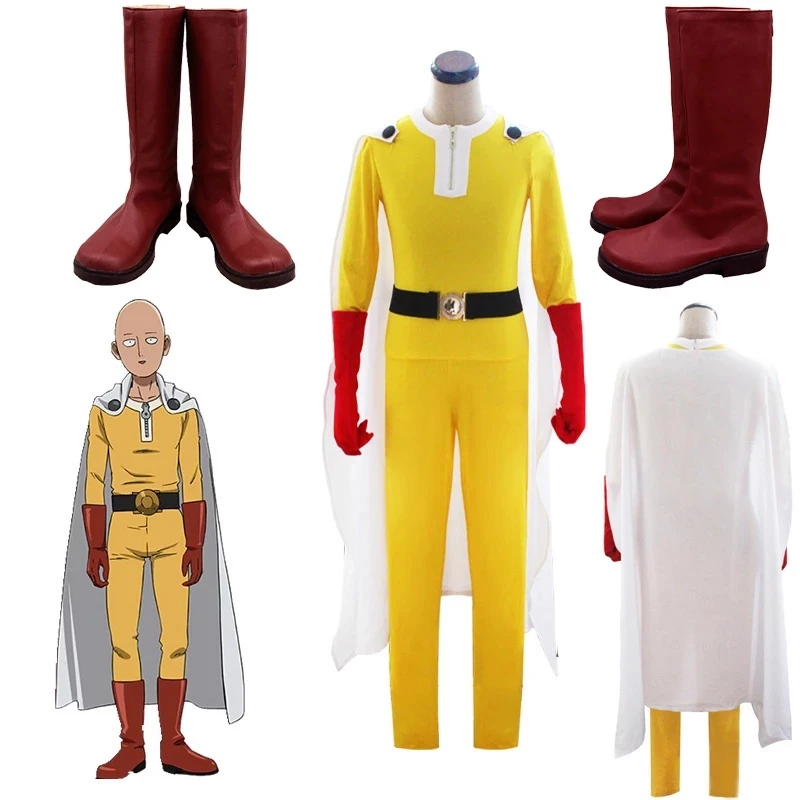 

2021 Anime One Punch-Man Cosplay Costumes Saitama Cosplay Battle Suit Red High Boots Cosplay Shoes for Men Women Halloween Party