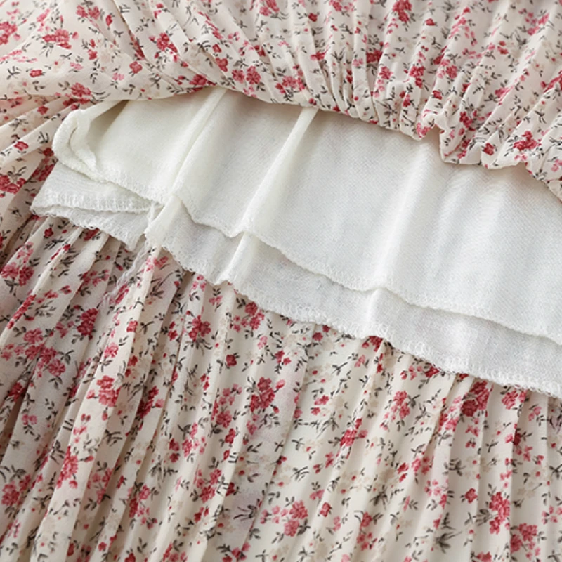 

Sweet Long-Sleeved Floral-Print Long Dress Women's Fairy Flower Printing One-peice Sashes Chiffon Long Dress