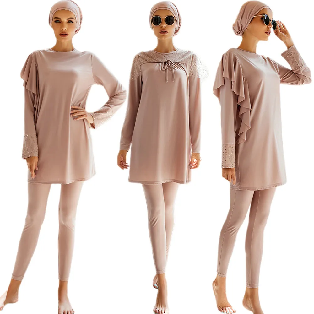 

2022 Modest Swimwear Muslim Swimwears Women Ruffel Sequins Long Sleeves Islamic Burkinis Wear Bathing Suit Swimsuit Beach Wear