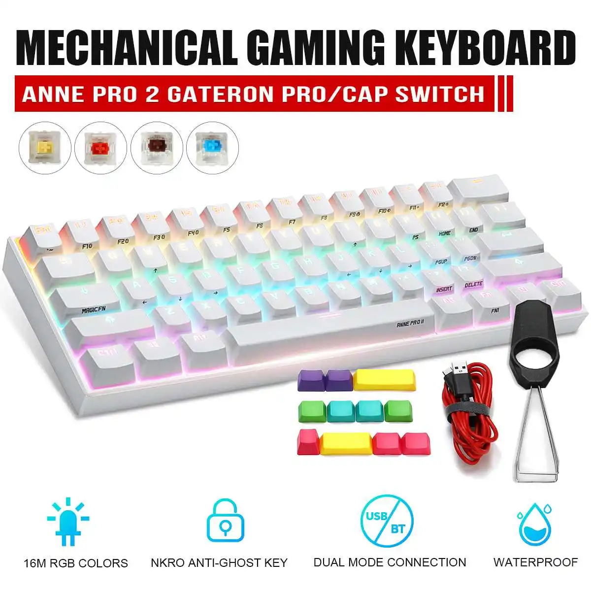 

ANNE Pro2 Mini Portable Wireless bluetooth 60% Mechanical Keyboard Red Blue Brown Switch Gaming Keyboard Detachable Cable hot