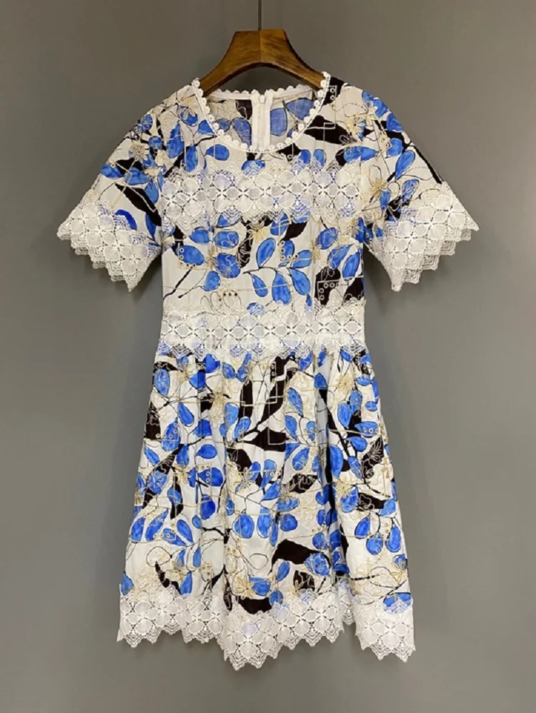 

Top Quality New 2021 Summer Dress Women O-Neck Appliques Lace Embroidery Patchwork Short Sleeve Slim Fitted A-Line Dress Vintage