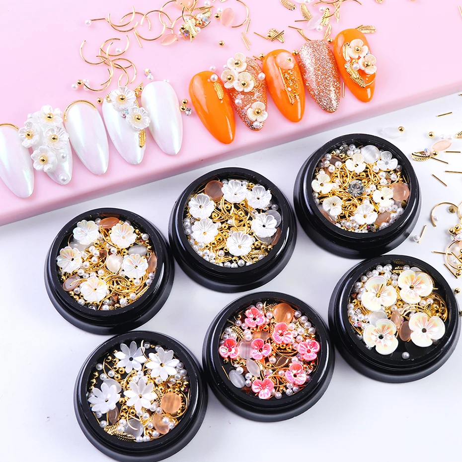 1 коробка Стразы для ногтей Белый AB корпус резные цветы смешанный жемчуг золотой
