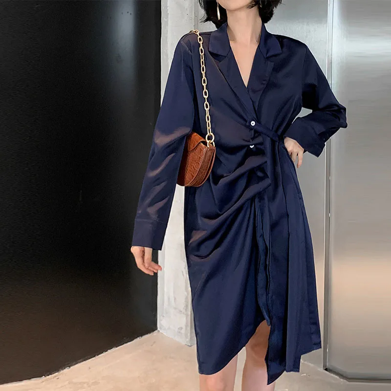 Элегантные атласные асимметричные платья для женщин осеннее платье с длинными