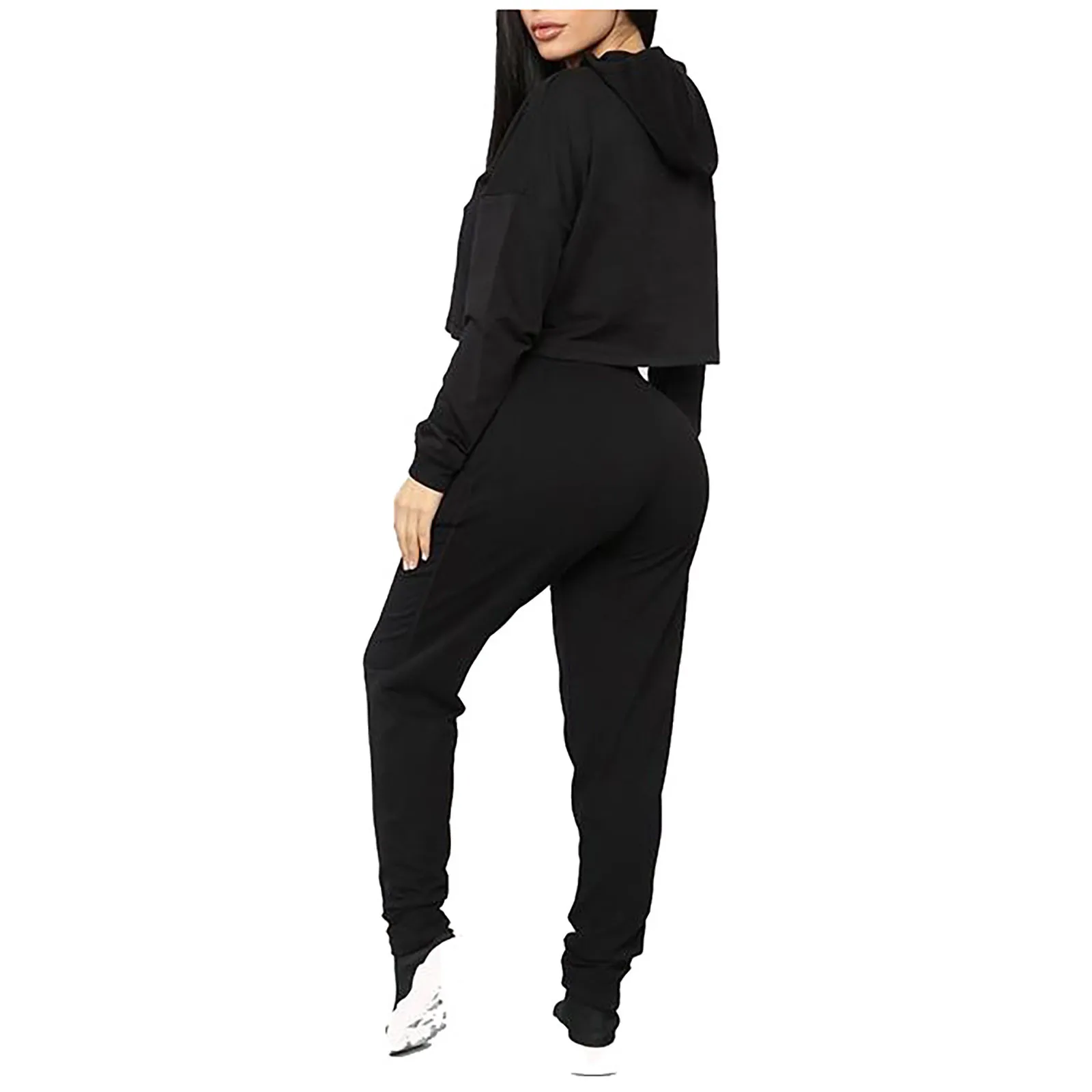 Women's Solid Color Hooded Sportswear Set Casual Homewear Suit Long Sleeve Short Pullover Tops Pants Sports Clothing Tracksuit |