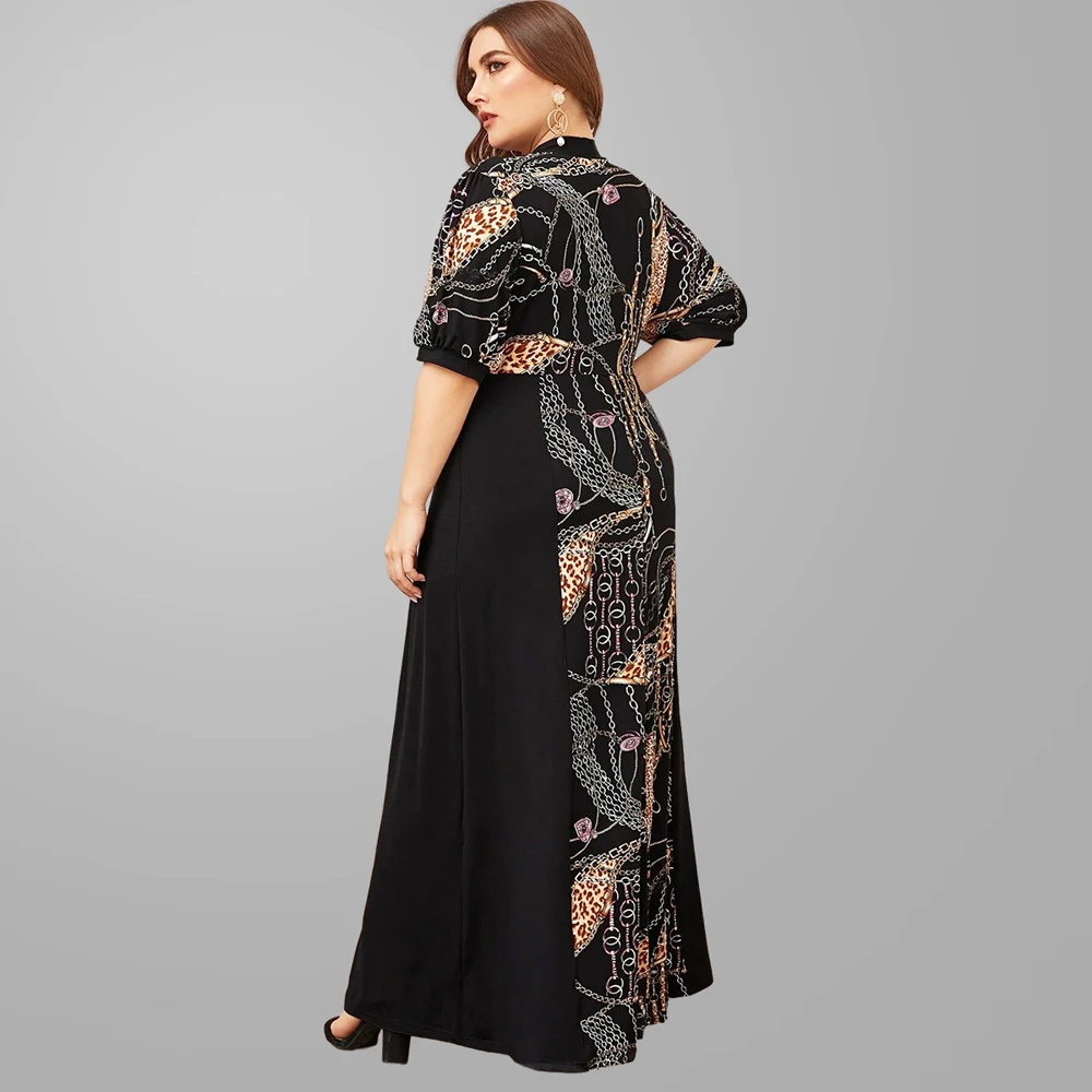 Summer Printed Bohemian Long Dress Abaya Muslim Casual Loose Plus Size Maxi Arab Jilbab V-neck Short Sleeve Robe Islamic Vestido