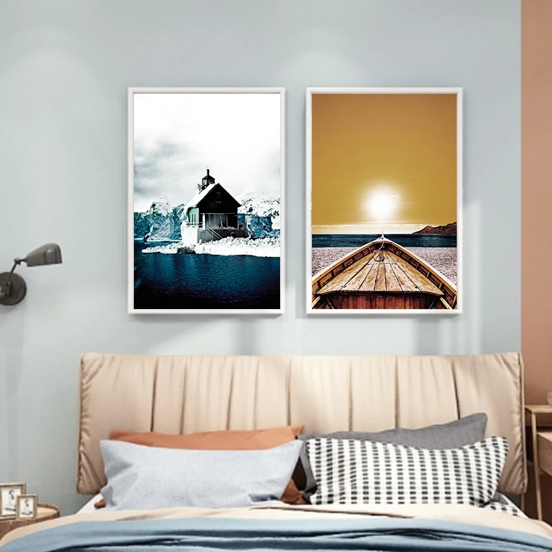 Картина на холсте для гостиной HD Золотая лодка и закат дом в снегу картина