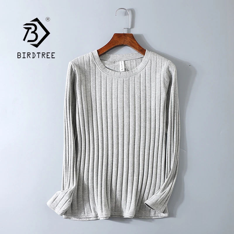 

Spring Ribbed Striped Elastic T Shirt Women Top Casual Long Sleeve Shirt Cotton T-Shirts Tops Knitted Blusas Plus Size T13308X