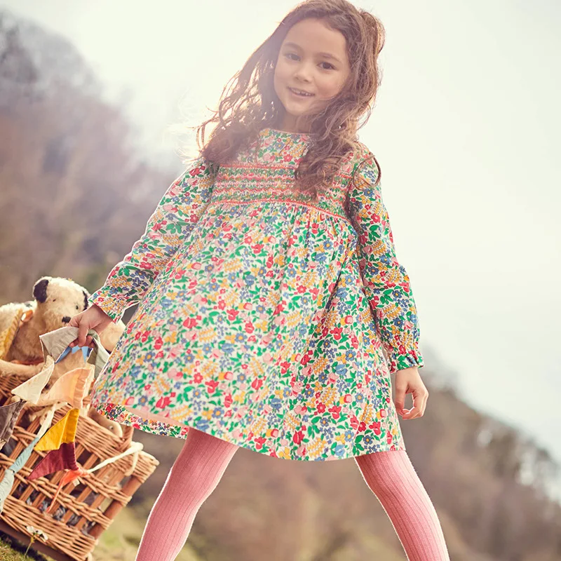 Little maven Цветочный принт Дети Девушки одеваются Осень Детские Одежда с длинным рукавом Драпированные платья Хлопок Малыша Платья для девочек