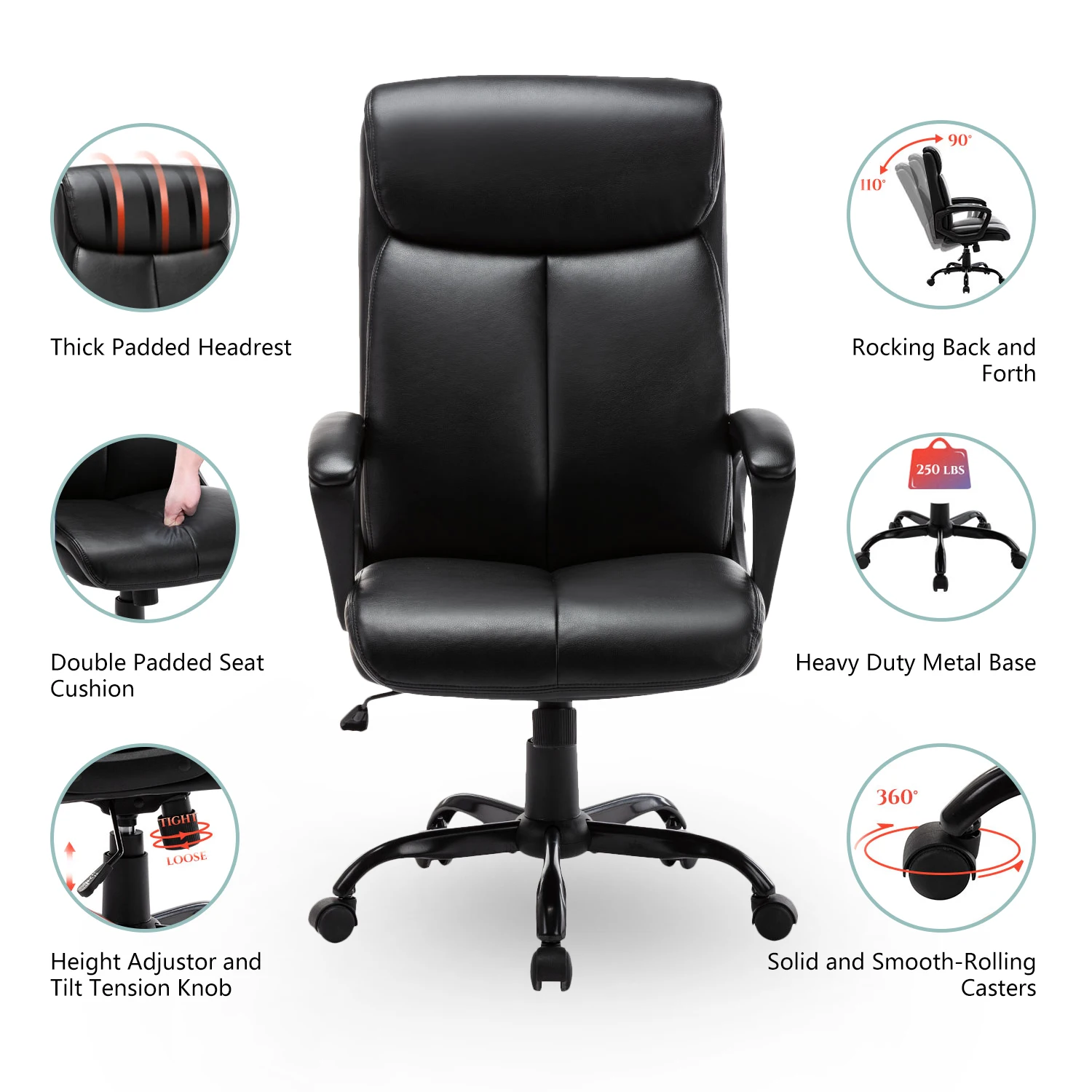 

Tiltable High Back Office Chair Executive Bonded Leather Computer Desk Swivel Task Chair W/Rocking Function Black[US-Stock]