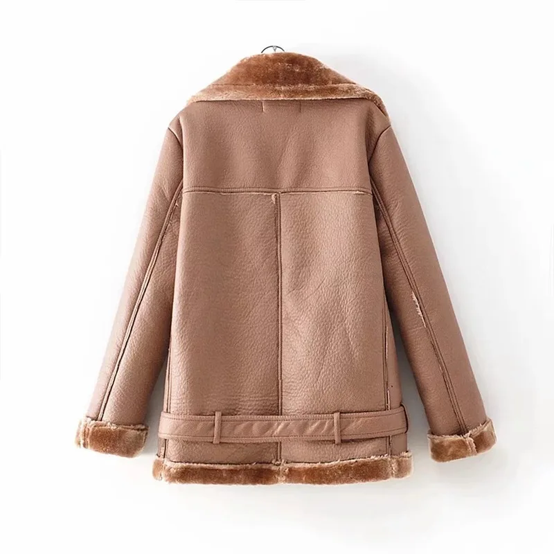 

2020 autumn and winter leather jacket thick fur coat jacket faux fur coat lapel leather jacket locomotive zipper leather women