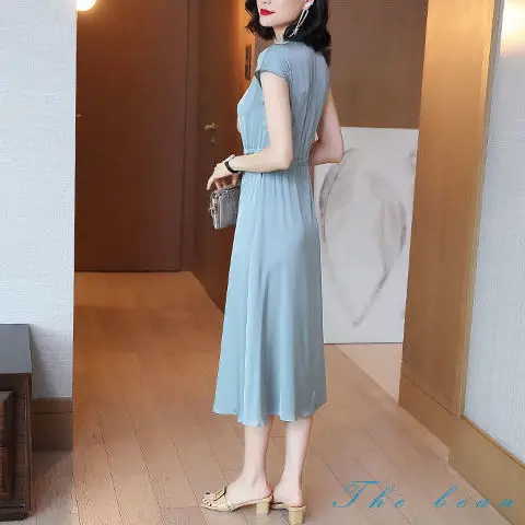 

2021 New Women Fashion Loose Lace Patchwork A-Line Dresses Female Dress Elegant Stain Lace Up Bow Waist Long Vestidos B107