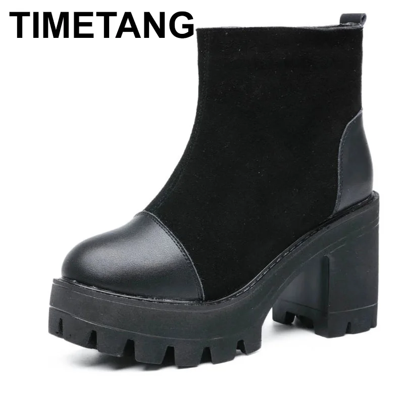 

TIMETANG Fashion Autumn Winter Cow Suede Ankle Boots Women Genuine Leather Black Platform Boots For Women Warm Thick Heel Shoes
