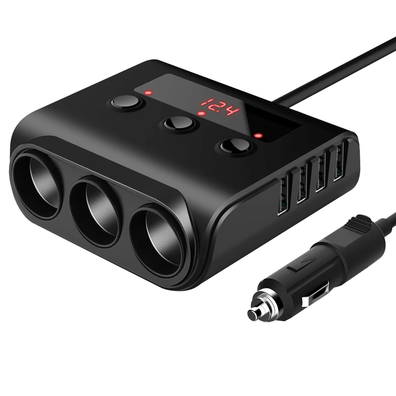 

12V/24V Car Cigarette Lighter Adapter 100W Car Charger with 4 USB Ports and 3 Sockets Cigarette Lighter Power Splitter, On/Off S