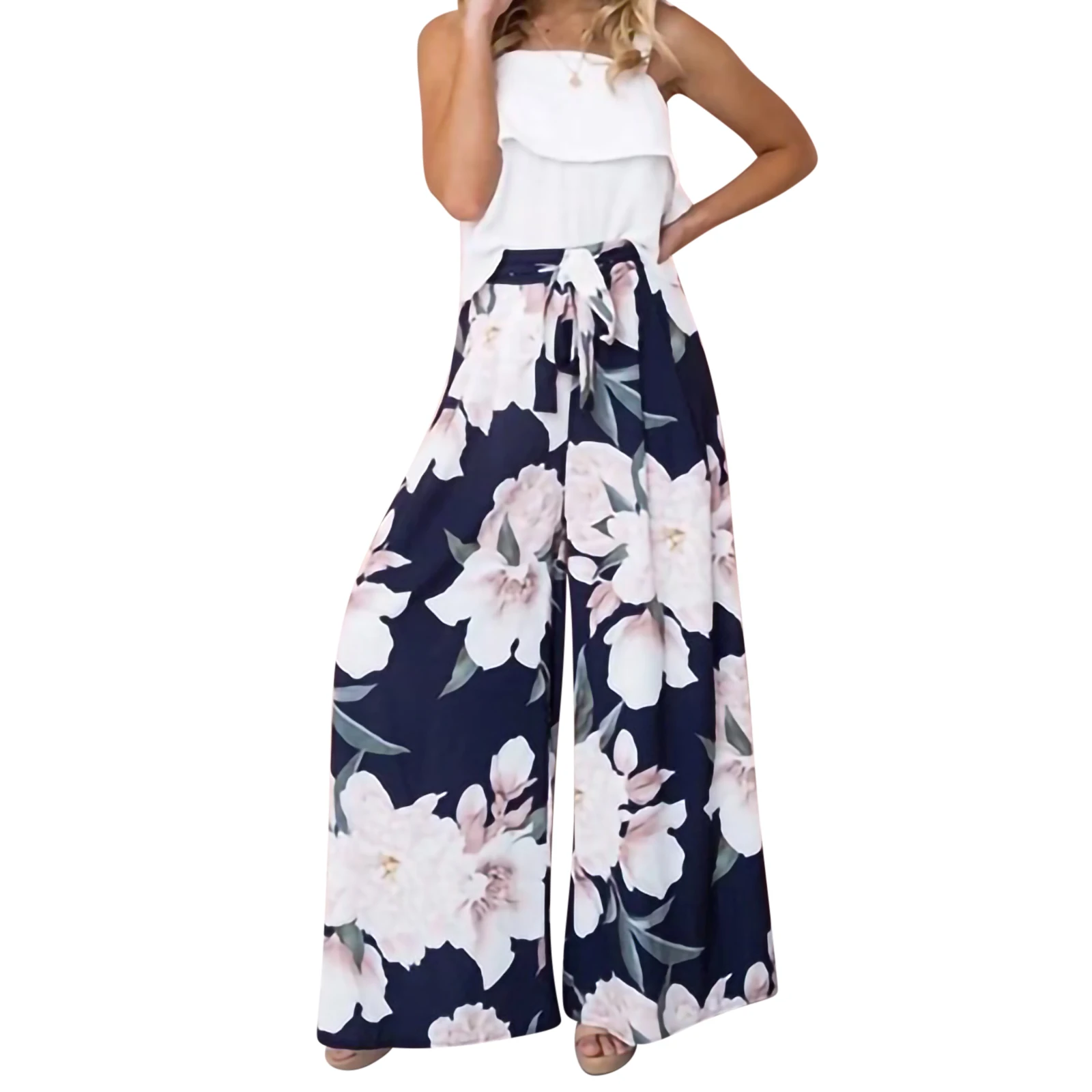 

Women Floral Printed Pattern Pants with Waistband High Waist Wide-leg Trousers Navy Grey