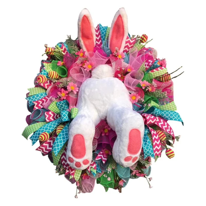 

Straw Bunny Rabbit Garland Wreath Pendant Happy Easter Door Hanging Garland Holiday Home Decorations