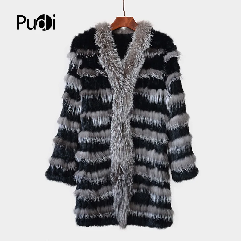 

CT7025knit Knitted Real Rabbit & Silver Fox Fur Coat Jacket Overcoat Women's Long Winter Warm Genuine Fur Coat Ourwear