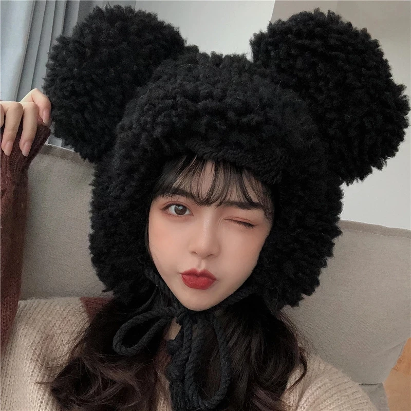 

dropshipping Women Winter Thicken Plush Warm Earflap Hat Cute Bear Ears Windproof Beanie Cap with drawstring Chin Strap