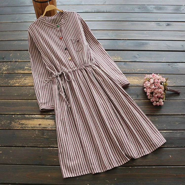 7316 New Spring Women Cotton and linen Dress Buckle Elasticated Waist vintage Striped midi | Женская одежда