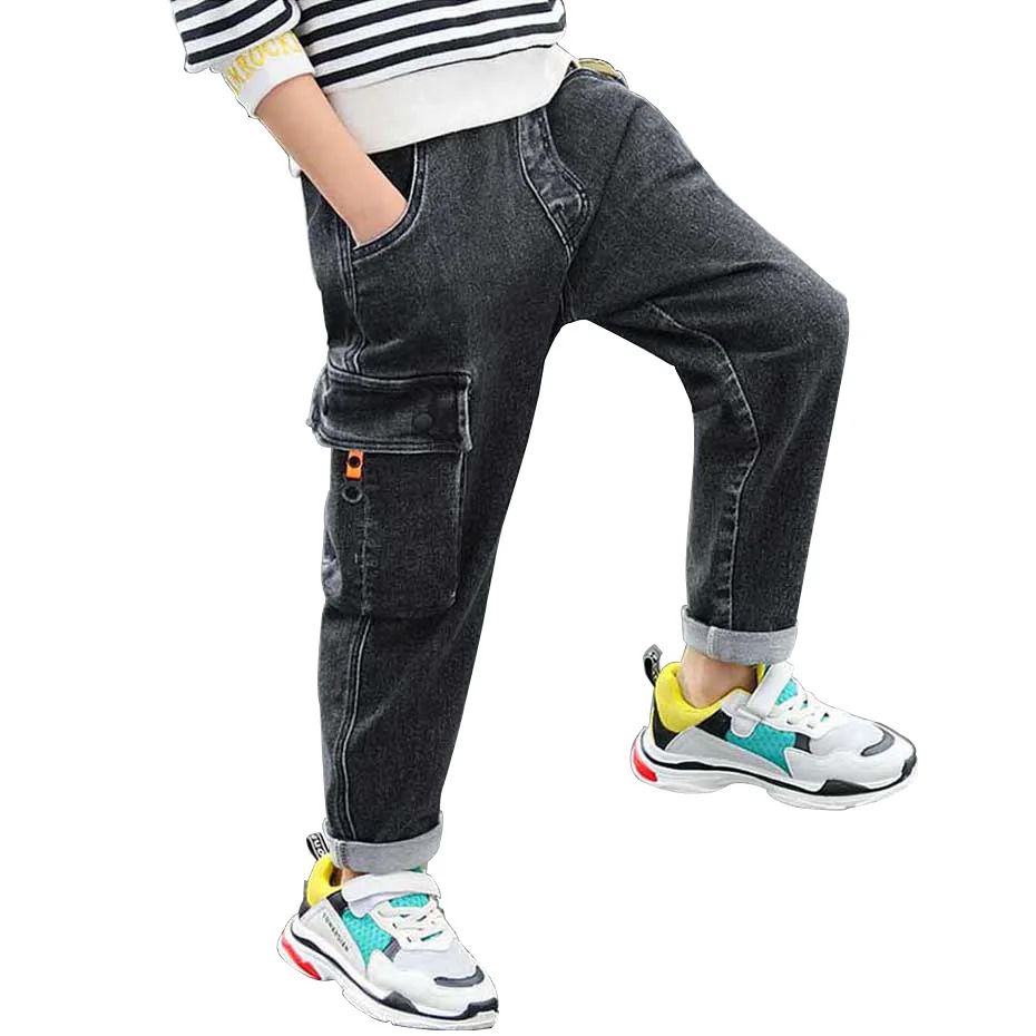 Фото Джинсы для мальчиков однотонные прямые детские джинсы с накладными карманами