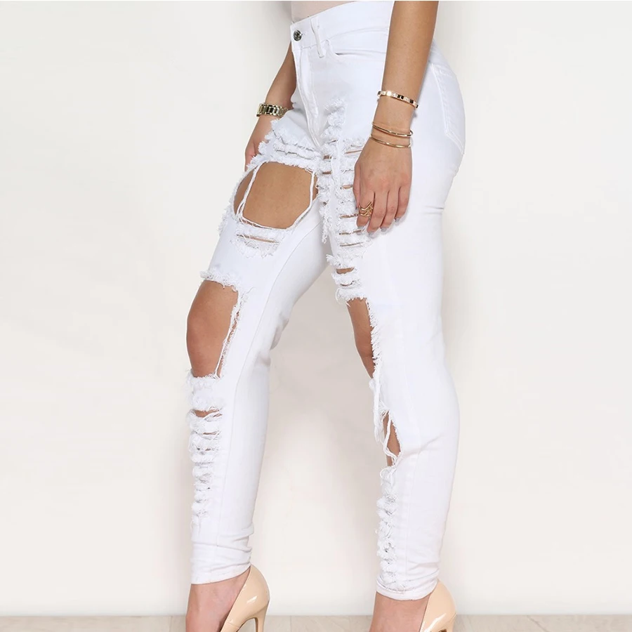 Повседневные женские джинсы с дырками плотные Полые Брюки карандаш завышенной
