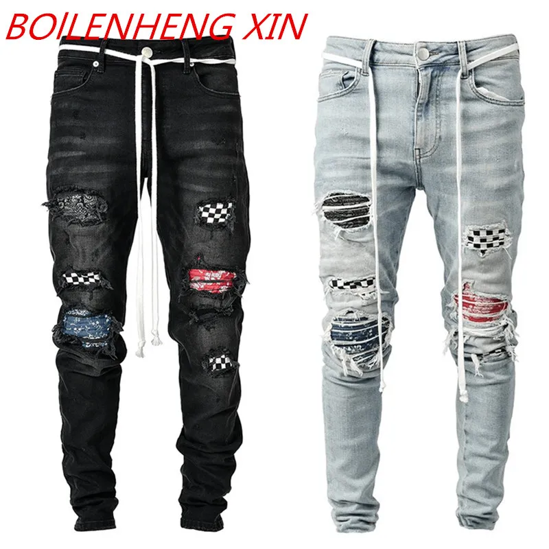 

Jeans Men Ripped Slim Jeans Pencil Pants Motorcycle Hole Beggar Skinny Jeans Men's Street Retro Denim Patchwork Jeans