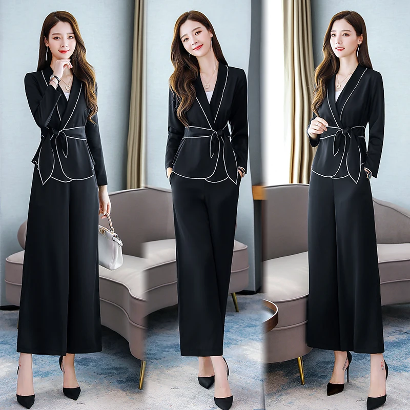 Женский офисный комплект из 2 предметов блузка с длинным рукавом и брюки широкими