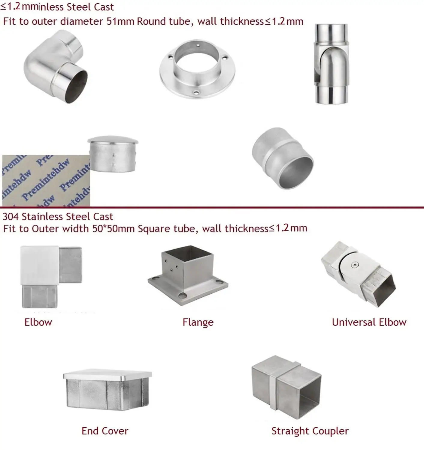 Поручни из нержавеющей стали 304 квадратные и круглые фитинги для труб 2 дюйма 50 мм