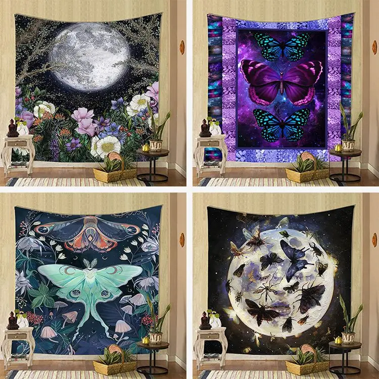 

Tapestry Butterfly Psychedelic Mushrooms Moon Carpet Wall Boho Room Decor Flower Hippie Boho Moon Phases Decor Custom Tapestry