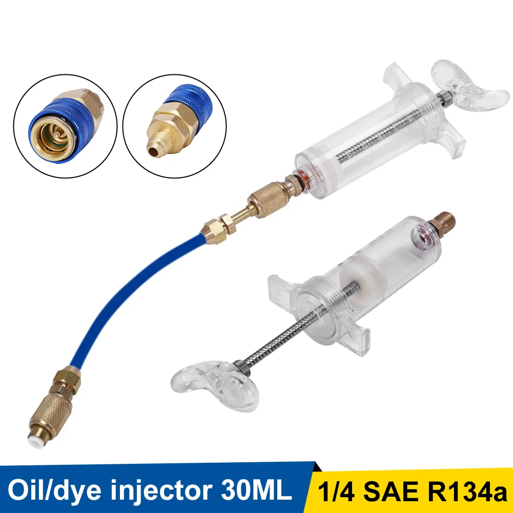 

A/C Oil And Dye Injector With R-134a Snap Quick Coupler 1/4" SAE 1OZ Hand Turn Screw-in Coolant Filling Tube Injection Tool