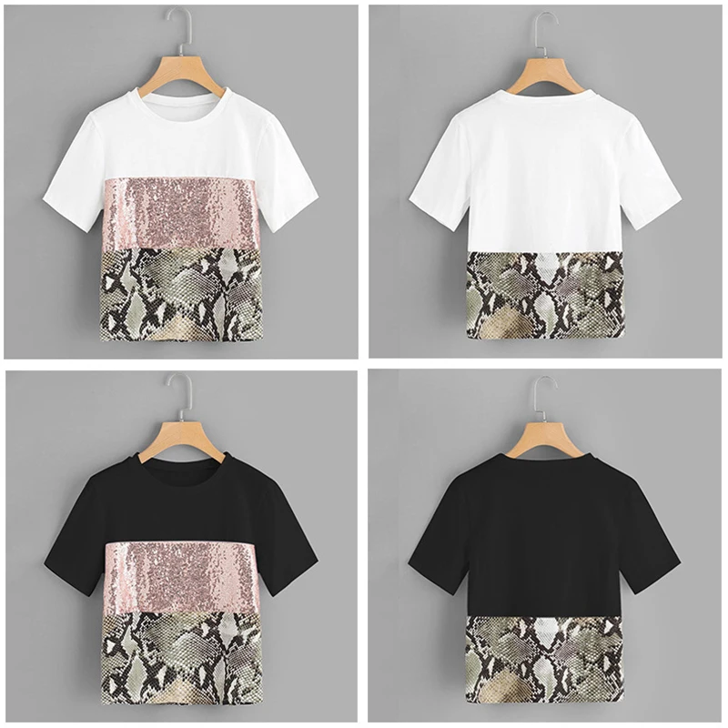 

2019 Summer Europe Women Short T-Shirts Sequins Snake Leopard Print Spliced T-Shirt Short Sleeve Casual Tops Fashion Streetwear