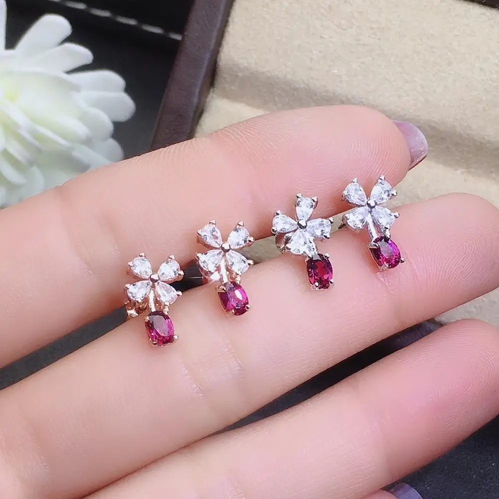 

SHILOVEM 925 sterling silver Natural magnalium garnet stud earrings fine Jewelry women wedding wholesale 3*4mm jce030488agsm