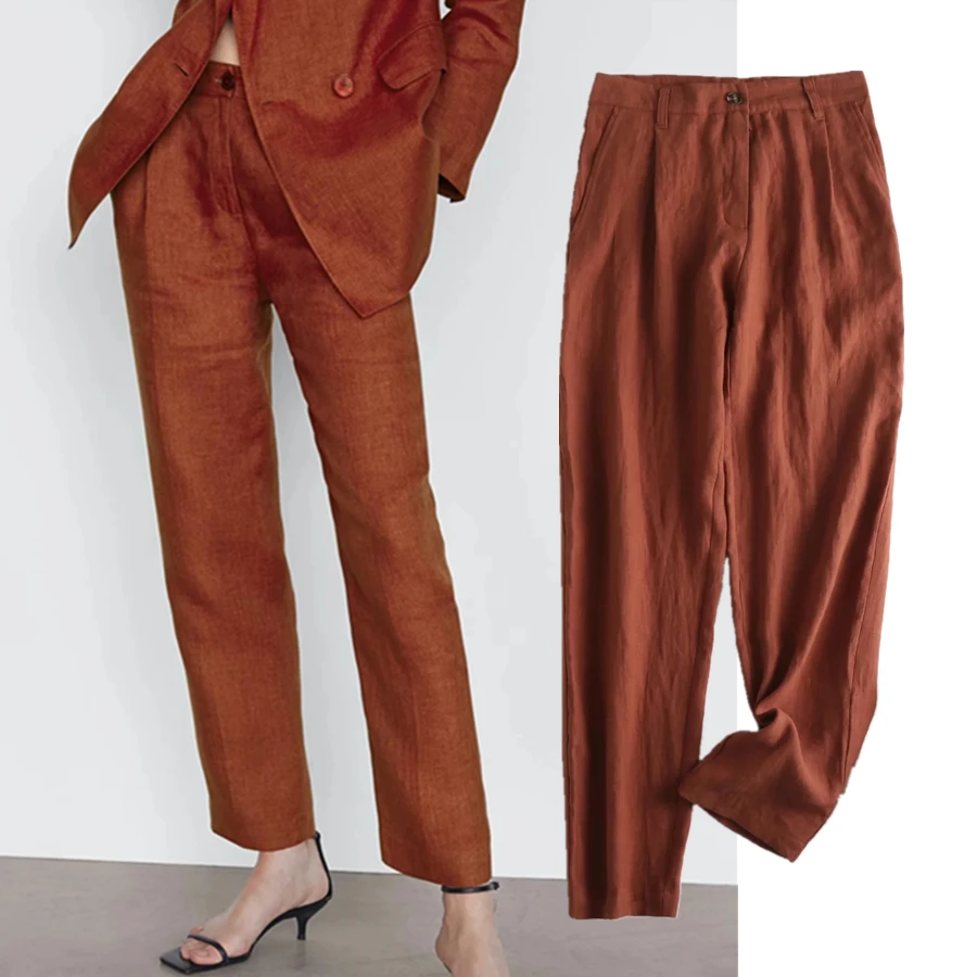 

Maxdutti женские брюки в английском стиле офисные женские модные однотонные льняные костюмы брюки женские прямые Панталоны