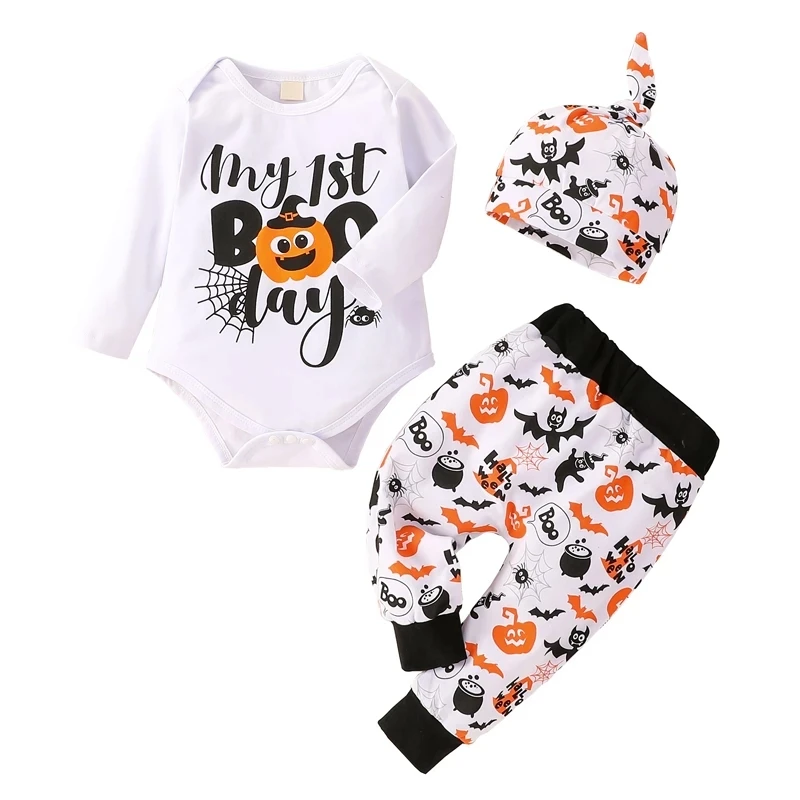 

Осенний костюм для маленьких мальчиков 0-12 месяцев из 3 предметов, комплект одежды на Хэллоуин, комбинезон с длинным рукавом и надписью, топ, длинные штаны, шапки