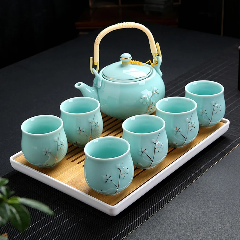 Ceramic Tea Set Porcelain Kung Fu with 6 Cup Teapot Tray Lifting Beam Kettle Portable Pot Teacup Kettles | Дом и сад