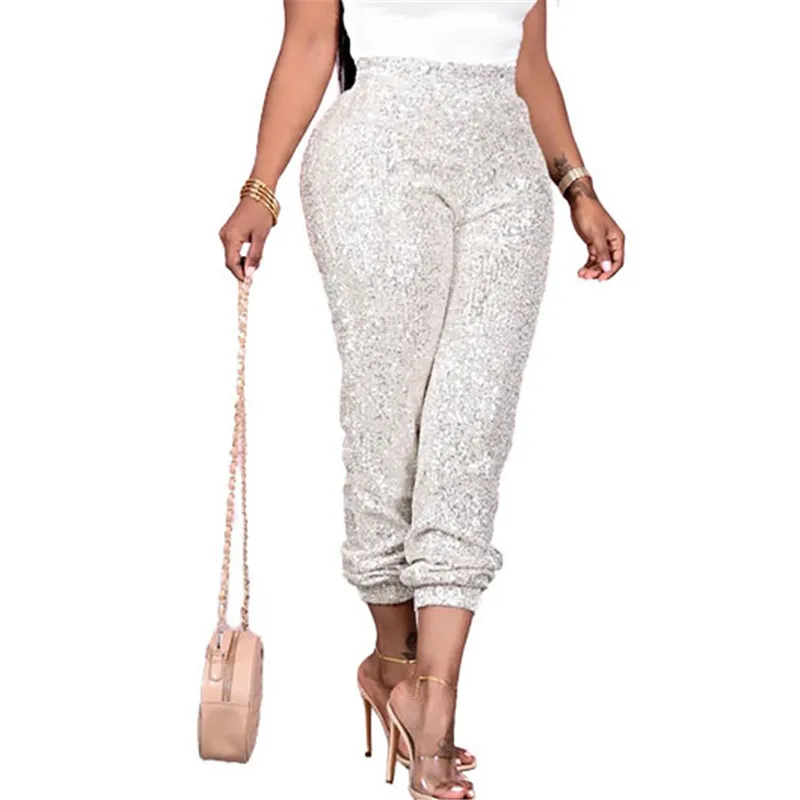 Осень зима Высокая талия блеск золотого и серебряного цветов Теплые брюки для