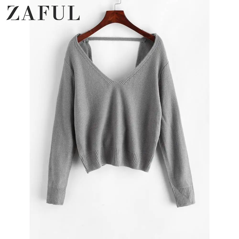 ZAFUL пуловер с v-образным вырезом на спине свитер открытой спиной и длинными
