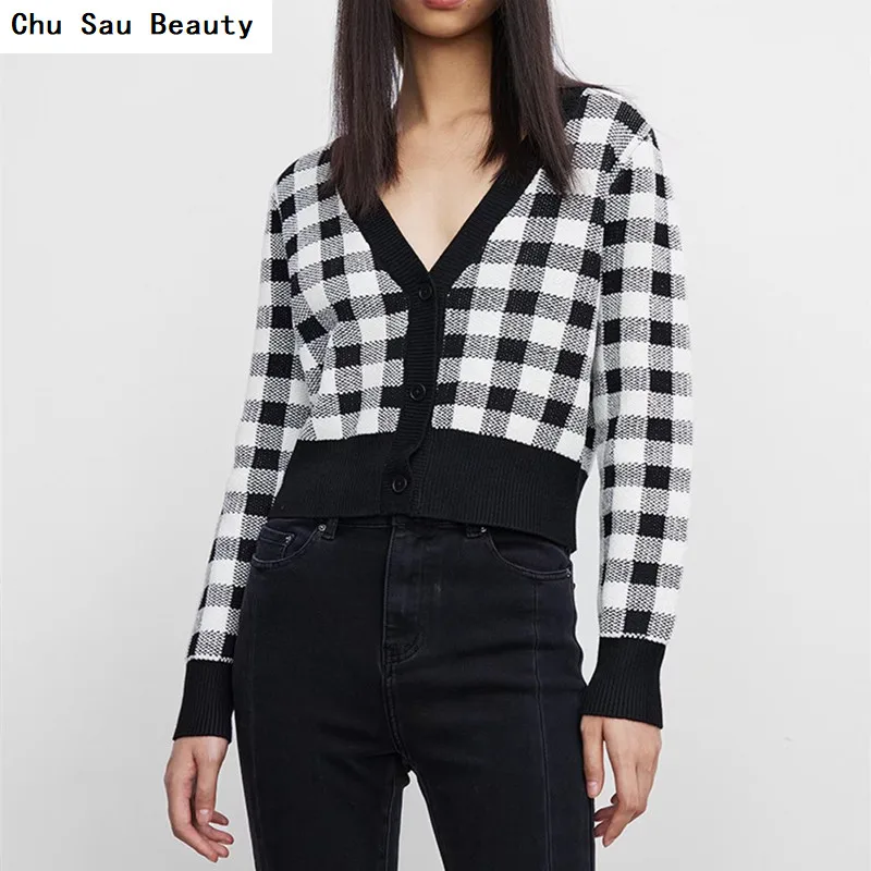 

New Women's Black/White Checkered V-Neck Knitted Top For Fall/Winter Casual Fashion Single-Breasted Slim Long-Sleeved Sweater