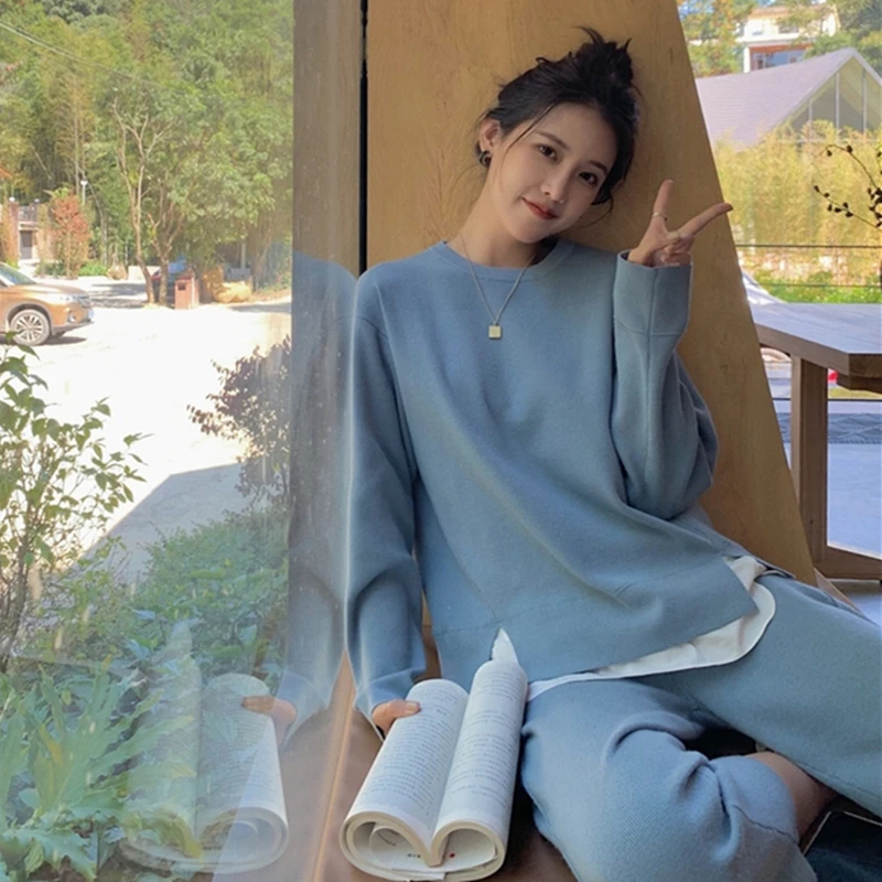

Women Autumn Two Piece Set Korean Long Sleeve Knitted Slit Tops Straight Pants Suits Sets Female Outfits