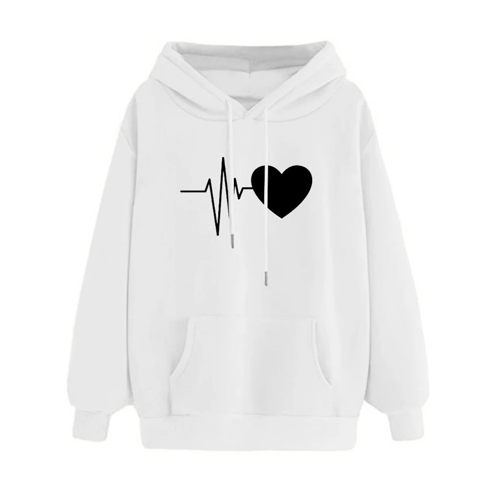 

Plus Size Women's Casual Hoodie Heart Print Long Sleeve Hooded Sweatshirt Loose Pullover Ladies Autumn Hoodie Blouse Top