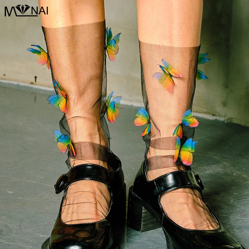 

Lolita Socks Novelty Sexy Transparent Thin Mesh Stockings Colorful Vintage Handmade Three-dimensional Butterfly Artistic Sock